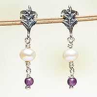 Amethyst and cultured pearl dangle earrings, 'Dark Leaf' - Handcrafted Sterling Earrings with Amethyst