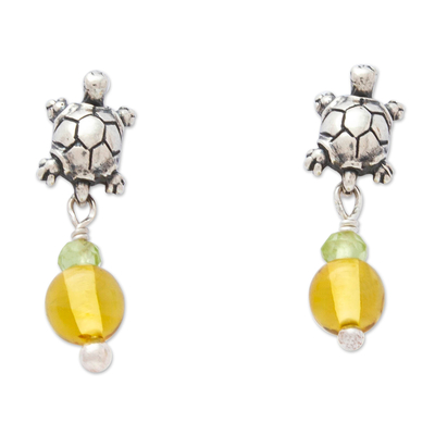 Handmade Sterling Earrings with Peridot and Amber