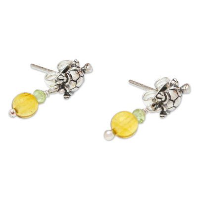 Amber and peridot dangle earrings, 'Turtle Trek' - Handmade Sterling Earrings with Peridot and Amber