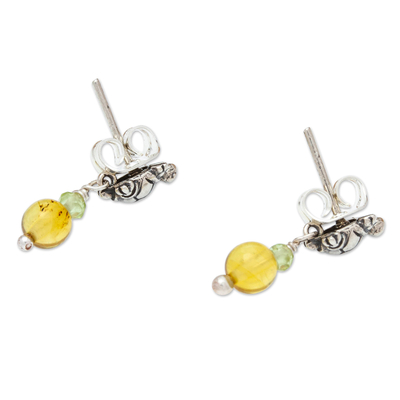 Amber and peridot dangle earrings, 'Turtle Trek' - Handmade Sterling Earrings with Peridot and Amber