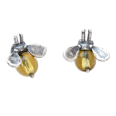 Amber stud earrings, 'Bee Mine' - Artisan Crafted Amber Stud Earrings