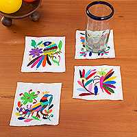 Cotton coasters, 'Otomi Menagerie' (set of 4) - Four Otomi Hand Embroidered Animal Theme Coasters