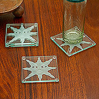 Glass coasters, 'Solar Flair' (set of 4) - Sun Motif Glass Coasters (Set of 4)