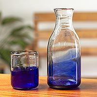 Handblown carafe and glass set, 'Blue Haze' (pair) - Handcrafted Carafe and Glass Set (Pair)