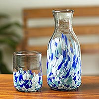 Juego de jarra y vaso soplado a mano, 'Cool Water' (par) - Jarra y vaso de vidrio hechos a mano (par)