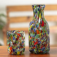 Handblown carafe and glass set, 'Jubilant Color' (pair) - Carafe and Glass in Handblown Glass (Pair)