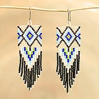 Glass beaded waterfall earrings, 'Blue Diamond Fringe' - Handcrafted Ivory Blue & Black Waterfall Earrings