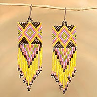 Glass beaded waterfall earrings, 'Pink and Yellow Diamond Fringe' - Handcrafted Ivory Pink & Yellow Waterfall Earrings