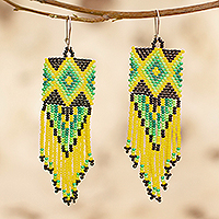 Glass beaded waterfall earrings, 'Green and Yellow Diamond Fringe' - Handcrafted Green Black & Yellow Beaded Waterfall Earrings