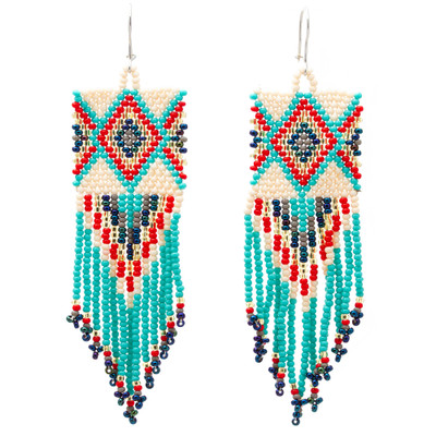 Glass beaded waterfall earrings, 'Seafoam Diamond Fringe' - Handcrafted Ivory Green & Red Beaded Waterfall Earrings