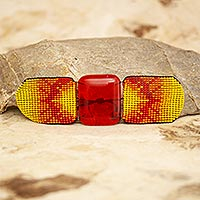 Fused glass pendant bracelet, 'Hot Fusion' - Yellow and Red Glass Beaded Bracelet