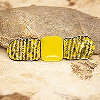 Fused glass pendant bracelet, 'Solar Fusion' - Yellow Beaded Glass Bracelet