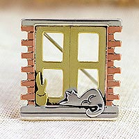 Mixed metal brooch pin, 'Cat in a Window' - Handcrafted Mixed Metal Pin from Mexico