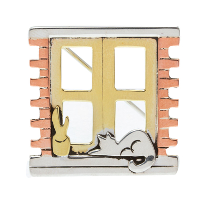 Mixed metal brooch pin, 'Cat in a Window' - Handcrafted Mixed Metal Pin from Mexico