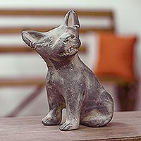 Ocarina de cerámica, 'Cachorro azteca gris' - Flauta de ocarina de perro gris de cerámica prehispánica del oeste de México
