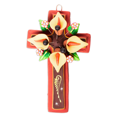 Mexican Terracotta Ceramic Wall Cross with Flowers