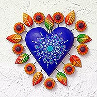 Acento de pared de cerámica, 'Big Blue Heart' - Acento de pared de cerámica pintado a mano