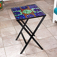 Mesa plegable de mosaico de vidrieras, 'Moons Reflected' - Mesa plegable de mosaico de vidrieras artesanal de México