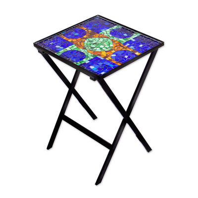 Stained glass mosaic folding table, 'Moons Reflected' - Handcrafted Stained Glass Mosaic Folding Table from Mexico