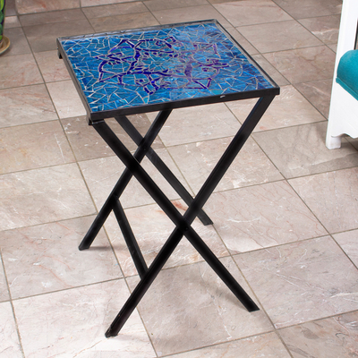 Stained glass mosaic folding table, 'Midnight Mandala' - Handcrafted Blue Mandala Stained Glass Mosaic Folding Table