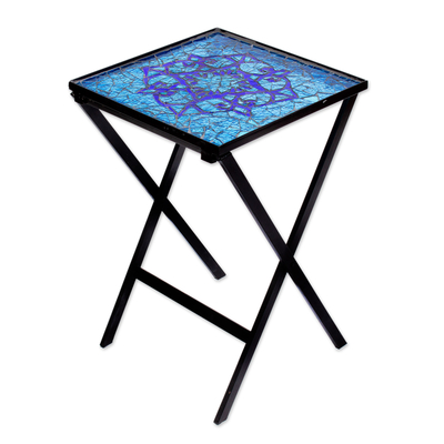 Handcrafted Blue Mandala Stained Glass Mosaic Folding Table