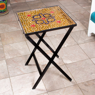 Stained glass mosaic folding table, 'Labyrinth Path' - Handcrafted Blue on Brown Stained Glass Mosaic Folding Table