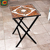 Stained glass mosaic folding table, 'Mariner's Compass' - Handcrafted Brown Compass Stained Glass Mosaic Folding Table
