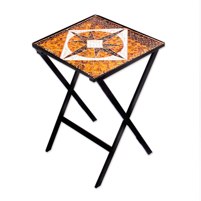 Handcrafted Brown Compass Stained Glass Mosaic Folding Table