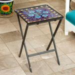 Stained glass mosaic folding table, 'Blue Circle Symmetry' - Handcrafted Blue Mandala Stained Glass Mosaic Folding Table