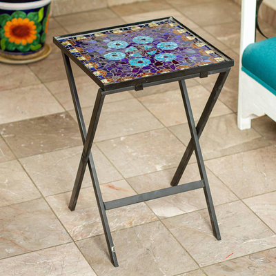 Stained glass mosaic folding table, Blue Circle Symmetry
