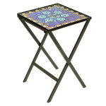 Stained glass mosaic folding table, 'Blue Circle Symmetry' - Handcrafted Blue Mandala Stained Glass Mosaic Folding Table