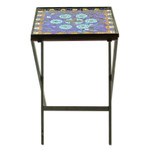 Stained glass mosaic folding table, 'Blue Circle Symmetry' - Handcrafted Blue Mandala Stained Glass Mosaic Folding Table