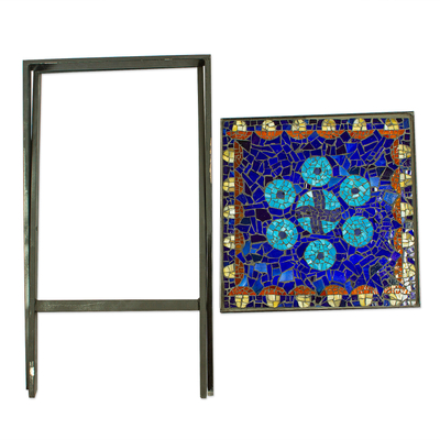 Klapptisch aus Buntglasmosaik - Handgefertigter Klapptisch aus blauem Mandala-Buntglasmosaik