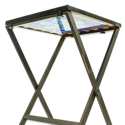 Stained glass mosaic folding table, 'Blue Circle Symmetry' - Handcrafted Blue Mandala Stained Glass Mosaic Folding Table