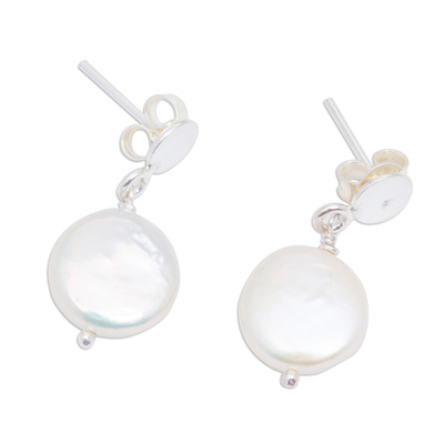 Pendientes colgantes de perlas cultivadas, 'Tesoro raro' - Pendientes de perlas de moneda y plata de ley