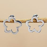 Sterling silver stud earrings, 'Solitary Flower' - Contemporary Sterling Silver Earrings