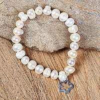 Cultured Pearl Bracelet with Floral Charm,'Solitary Flower'