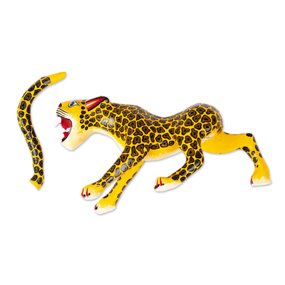 Wood alebrije sculpture, 'Fierce Jaguar' - Handmade Wooden Alebrije Statuette