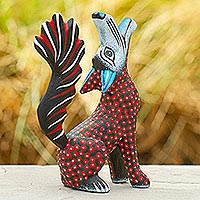 Wood alebrije sculpture, 'Red Coyote' - Handmade Oaxacan Wood Alebrije
