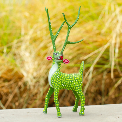Wood alebrije sculpture, 'Green Deer' - Handmade Copal Wood Alebrije