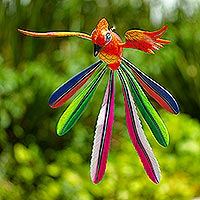 Wood alebrije sculpture, 'Orange Quetzal' - Multicolored Wooden Bird Alebrije Sculpture