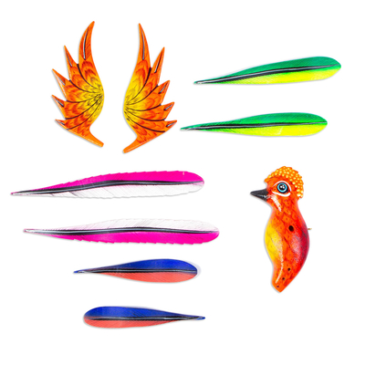 Wood alebrije sculpture, 'Orange Quetzal' - Multicoloured Wooden Bird Alebrije Sculpture