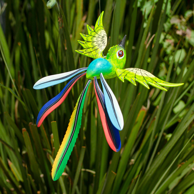 Wood alebrije sculpture, 'Green Quetzal' - Mexican Wood Bird Alebrije Sculpture