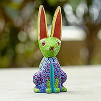 Wood alebrije figurine, 'Colorful Bunny' - Multicolored Rabbit Alebrije Sculpture
