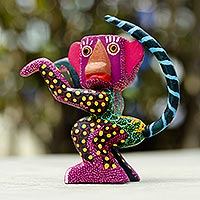 Wood alebrije figurine, 'Colorful Monkey' - Wood Monkey Alebrije Figurine