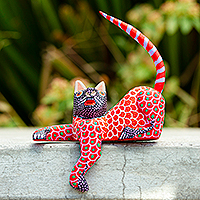 Wood alebrije figurine, 'Lounging Cat in Red' - Mexican Wood Alebrije Figurine