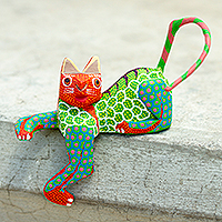 Wood alebrije figurine, 'Lounging Cat in Green' - Handmade Alebrije for Shelf or Table
