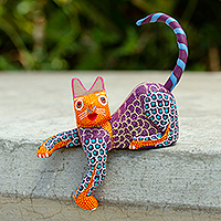 Wood alebrije figurine, 'Lounging Cat in Purple' - Artisan Crafted Alebrije Figurine from Mexico