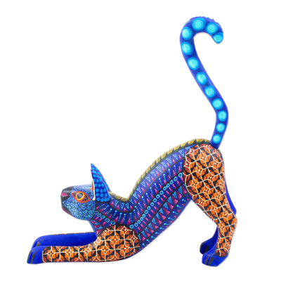 Wood alebrije sculpture, 'Zapotec Cat' - Hand-Painted Multicolored Alebrije Statuette
