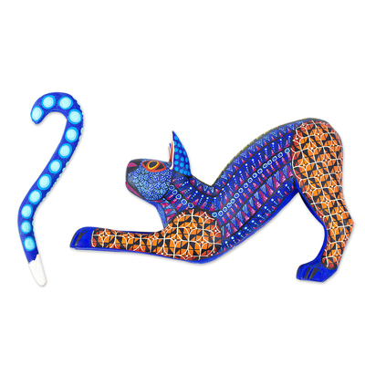 Holz-Alebrije-Skulptur, 'Zapotekische Katze' - Handbemalte mehrfarbige Alebrije-Statuette